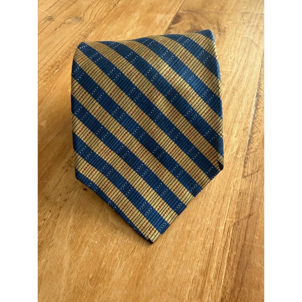 H. Stockton Atlanta Tie Mens Blue Gold Excellent Silk Striped Handmade USA